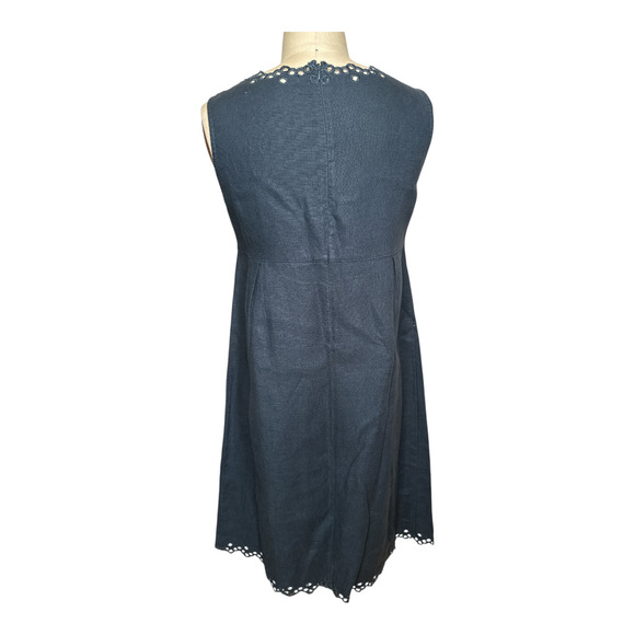 Manoush Dk Blue 100% Linen Sleeveless Scalloped Edge Pockets W. Bow Dress Size 6 - Picture 3 of 8